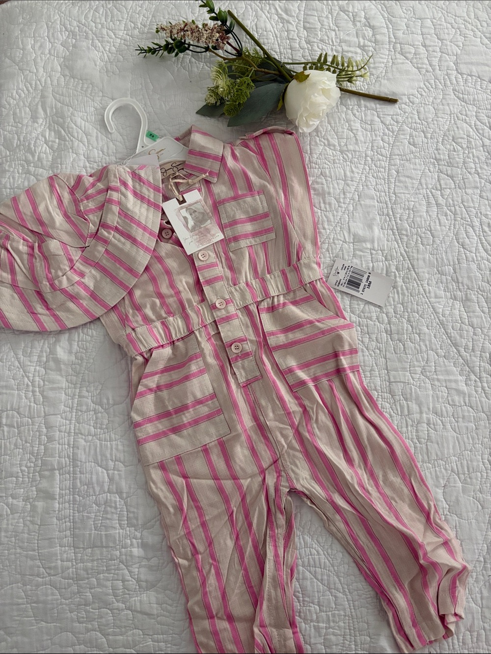 Jessica Simpson Pink and Cream Striped Kids Jumpsuit with Matching Hat 18 months